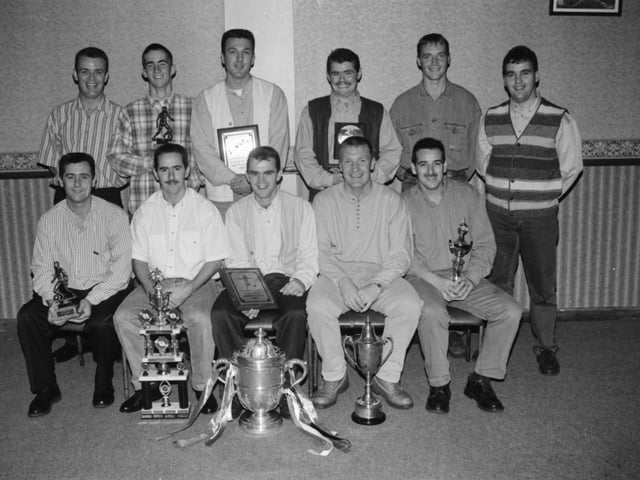Derry City FC players Paul McLaughlin and Paul Curran at the Clifton Villa FC annual prizegiving. Seated, from left, are Leo Concannon, David Harkin, Gerald Dunlop and Peter Irwin. Standing are Paul Logue, Stephen McCallion, Matthew Plummer, Sean McLaughlin and Paul Taggart.