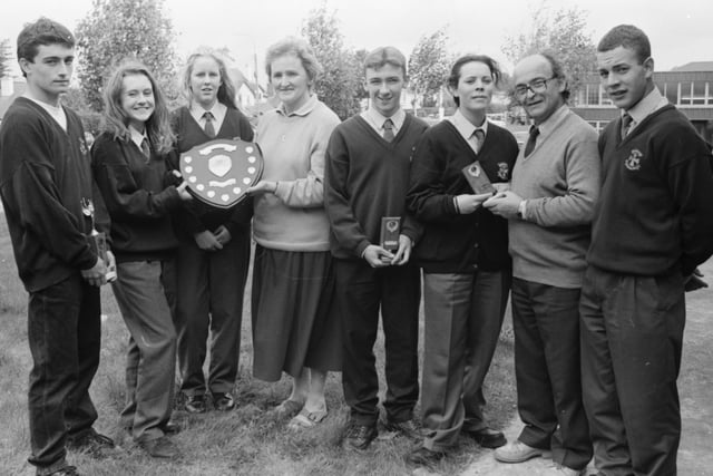 Award winners at the annual prizegiving ceremony at Carndonagh Community School. Included, from left, are Patrick Haughey, Anne-Marie Noone, Sinead McElhinney, Maighread McConigle (tutor), Kieran Quinn, Martina McGibney, Ken Murphy (tutor) and Jason McGibney.