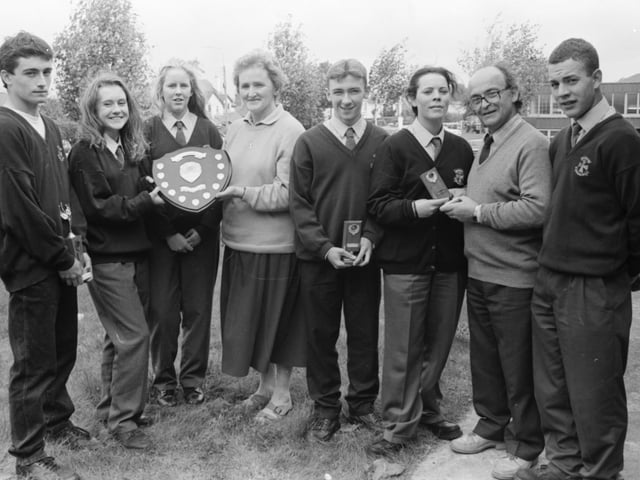 Award winners at the annual prizegiving ceremony at Carndonagh Community School. Included, from left, are Patrick Haughey, Anne-Marie Noone, Sinead McElhinney, Maighread McConigle (tutor), Kieran Quinn, Martina McGibney, Ken Murphy (tutor) and Jason McGibney.