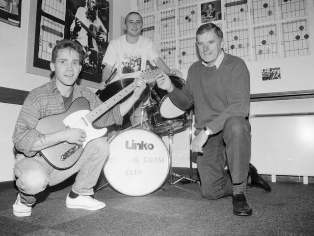 Bobby McDaid, tutor, Creggan Guitar Club, pictured with a new Fender Telecaster which was bought with money provided by Children in Need. Included, from left, are Paul Nelis, drum tutor, and Terry McLaughlin, Children in Need.