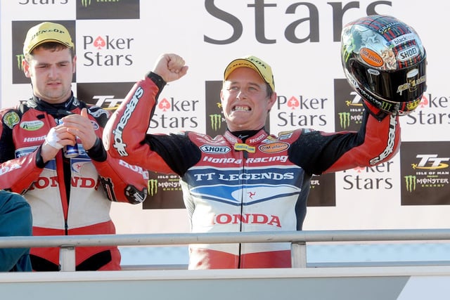 John McGuinness rolled back the years as he won the Senior TT in 2013 on the Honda TT Legends Fireblade after being upstaged by new team-mate Michael Dunlop in the Superbike race. McGuinness turned the tables on Dunlop, who had been gunning for a five-timer, with the Ballymoney man having to settle for the runner-up spot.