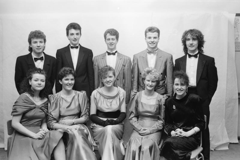 At the Thornhill College formal are, seated from left, Joan Deeney, Carmel Quigg, Sharon McLaughlin, Glynis Hughes and Clare Devine. Standing are Brian McLaughlin, Gerry Deeney, Donal Conway, Dermot Curley and Seamus McGilligan.