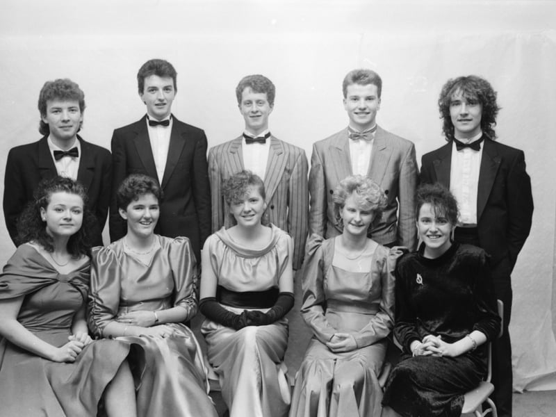 At the Thornhill College formal are, seated from left, Joan Deeney, Carmel Quigg, Sharon McLaughlin, Glynis Hughes and Clare Devine. Standing are Brian McLaughlin, Gerry Deeney, Donal Conway, Dermot Curley and Seamus McGilligan.
