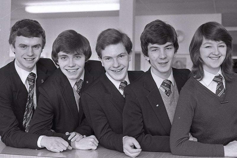 Pupils from Grosvenor High School, Belfast, who won the Power Game Competition, run by the British Institute of Electrical Engineers, pictured in January 1982. They are, left to right, Eamon McCoy, Andrew Totten, Neil Rutledge, Ian Stringer and Amanda McIntyre. They spent two days preparing and presenting designs for a coal-fired power plant to the judges. Picture: News Letter archives
