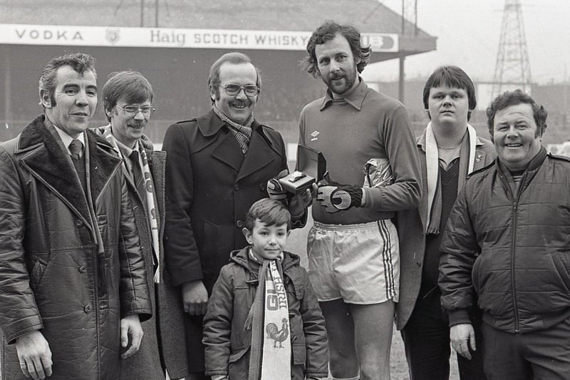 Pictured at the end of January 1982 is Glentoran goalkeeper Ken Barclay, who was emigrating to Australia, receiving a presentation from David McCullough, representing the Amalgamation of Glentoran Supporters' Clubs. Picture: News Letter archives