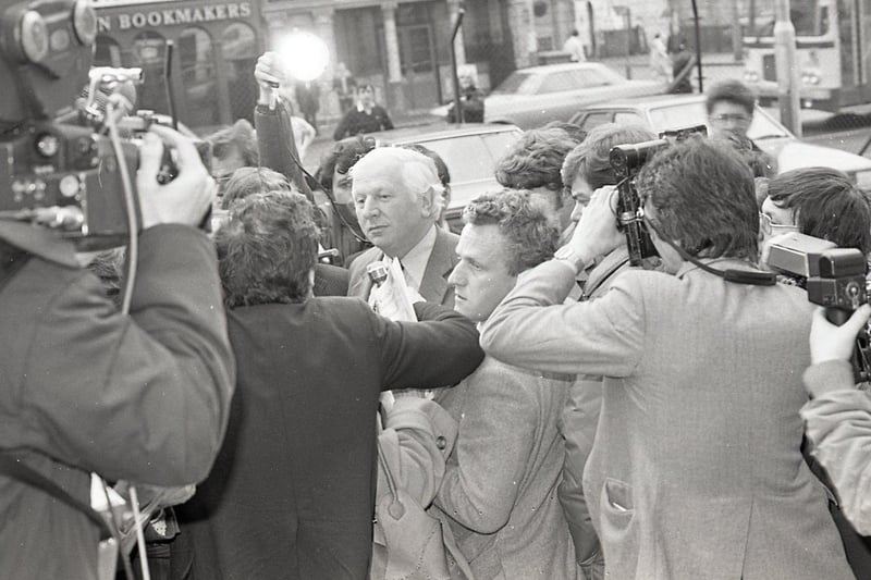 Secretary of State Jim Prior is bombarded with questions on the future of De Lorean in January 1982 when he arrived to open a technology exhibition in Belfast. Picture: News Letter archives