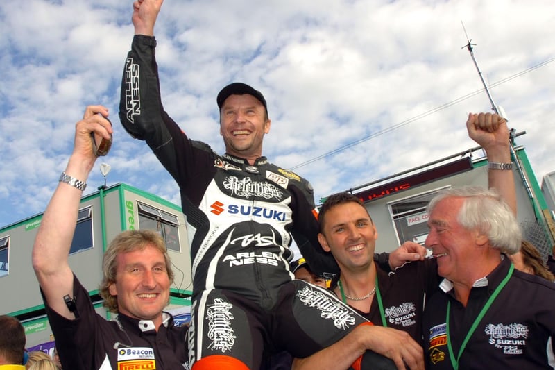 Bruce Anstey won both Supersport races and the Superstock event on the Relentless TAS Suzuki machines for a treble.