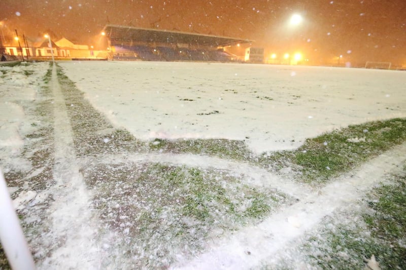 The scene at the Bet McLean Cup semi-final, Ballymena Showgrounds, the pitch was deemed unplayable due to snow and ice