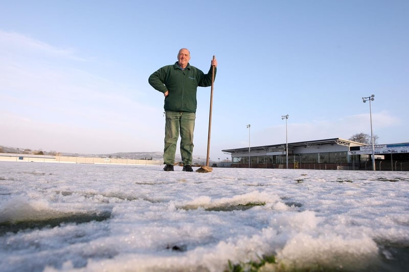 Lisburn Distillery groundsman Beattie Arlow surveys the snow and bad weather conditions at  Lisburn Distillery's ground