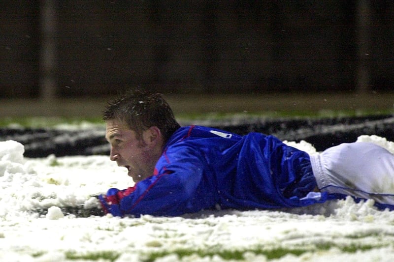 Sometimes the snow doesn't stop the action as Chris Morgan proved with his late equaliser against Portadown back in 2001