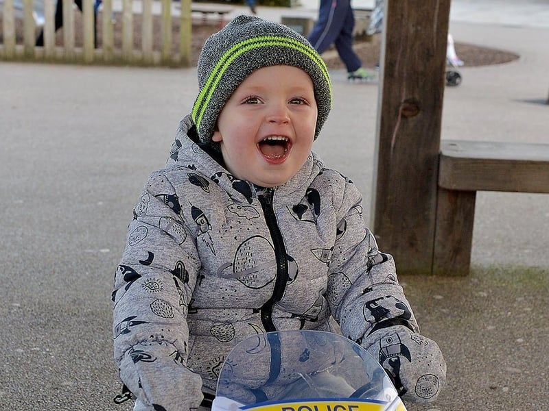 PJ Quinn, age 4, patrolling Brooke Park on his police bike recently. Photo: George Sweeney / Derry Journal DER2106GS – 035