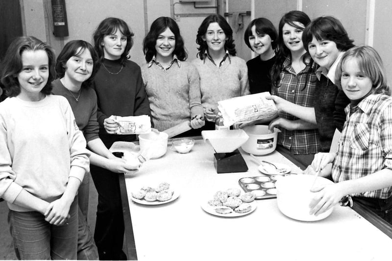 February 1980... Members of St Joseph's Youth Club, Galliagh, busy in a cookery class. Pictured, from left, are Debbie Brown, Noelle Mottram, Mandy Doherty, Julie O'Hagan, Jacqueline Carron, Catriona McBay, Julie Stokes, Jacqueline McDermott and Edwina Hume.
