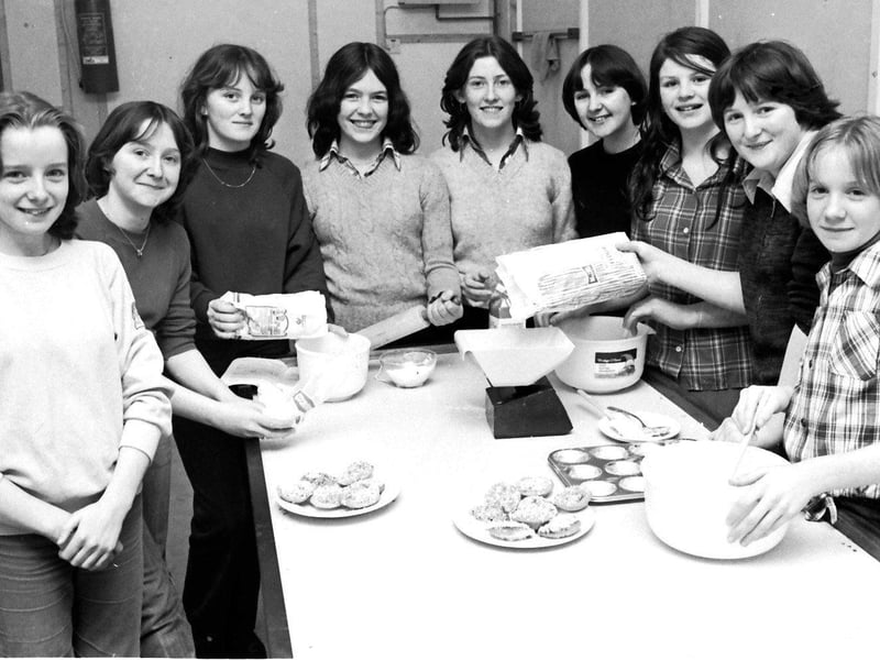 February 1980... Members of St Joseph's Youth Club, Galliagh, busy in a cookery class. Pictured, from left, are Debbie Brown, Noelle Mottram, Mandy Doherty, Julie O'Hagan, Jacqueline Carron, Catriona McBay, Julie Stokes, Jacqueline McDermott and Edwina Hume.