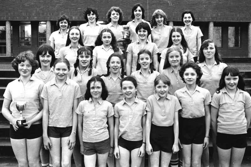 February 1980... Cross country teams from Thornhill College who competed in the district schools' championships. At front are Fiona Erne, Ann Morrison, Orla Curran, Heather Bradley, Hilary Logue, Amanda Moore and Shona Connor. Second row: Patricia Barr, Una McCourt, Fiona McCann, Debora McElhinney, Martine D'Arcy and Sharon McCready. Third row: Nuala Crilly, Catherine Logue, Siobhan McFadden and Patricia Crilly. Back row: Geraldine Crilly, Bernadette Casey, Janice Cooper, Jeanne Hickey, Catherine D'Arcy and Teresa Quinn.
