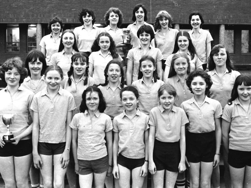 February 1980... Cross country teams from Thornhill College who competed in the district schools' championships. At front are Fiona Erne, Ann Morrison, Orla Curran, Heather Bradley, Hilary Logue, Amanda Moore and Shona Connor. Second row: Patricia Barr, Una McCourt, Fiona McCann, Debora McElhinney, Martine D'Arcy and Sharon McCready. Third row: Nuala Crilly, Catherine Logue, Siobhan McFadden and Patricia Crilly. Back row: Geraldine Crilly, Bernadette Casey, Janice Cooper, Jeanne Hickey, Catherine D'Arcy and Teresa Quinn.