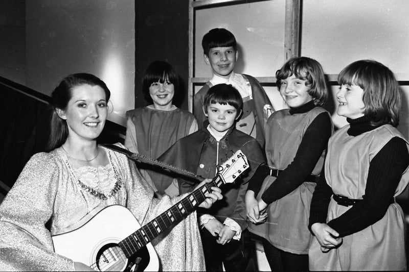 January 1981... Joyce Campbell (on left), who appears as the Fairy Godmother in 'Cinderlla' which played at the Marian Hall, Shantallow, with, from left, Collette Deeney, Colm Miller, Patrick Canning, Rosemary Hamilton and Marie Miller.