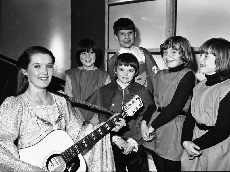 January 1981... Joyce Campbell (on left), who appears as the Fairy Godmother in 'Cinderlla' which played at the Marian Hall, Shantallow, with, from left, Collette Deeney, Colm Miller, Patrick Canning, Rosemary Hamilton and Marie Miller.