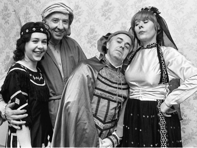 December 1981... Hamming it up for the annual pantomime at St Columb's Hall are, from left, Terri Coyle, Don O'Doherty, Seamus McDevitt and Mary Murphy.