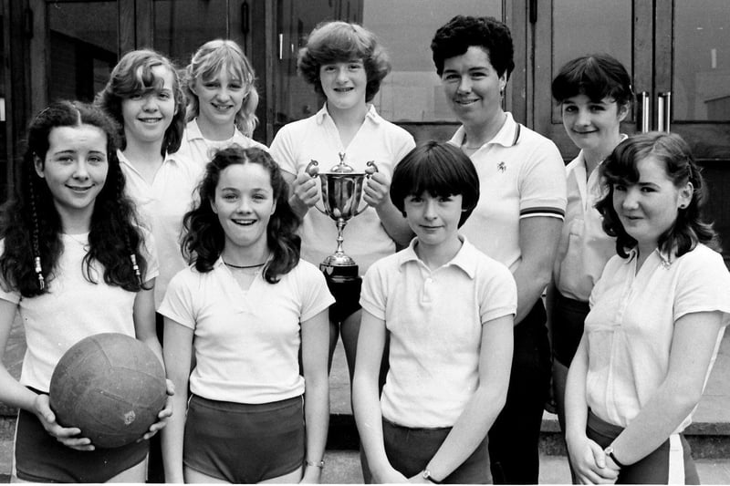 April 1981... St Cecilia's Secondary School netball team which won the NI Minor Schools' League. From left are Maria Hippsley, Maureen McGuigan, Jacqueline McGuinness, Linda O'Donnell, Mairead Doherty, Roisin Lynch (coach), Martina Hutton, Marie McConnellogue and Cordelia McAllister.