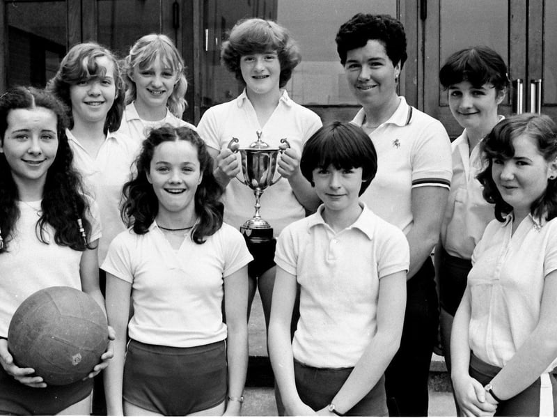 April 1981... St Cecilia's Secondary School netball team which won the NI Minor Schools' League. From left are Maria Hippsley, Maureen McGuigan, Jacqueline McGuinness, Linda O'Donnell, Mairead Doherty, Roisin Lynch (coach), Martina Hutton, Marie McConnellogue and Cordelia McAllister.
