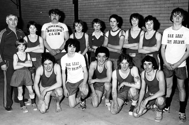 January 1980... The team of boxers from Pennyburn Boxing Club which travelled to Manchester to take part in a tournament. On left are club trainers, Paddy Kelly and Joe Healy.