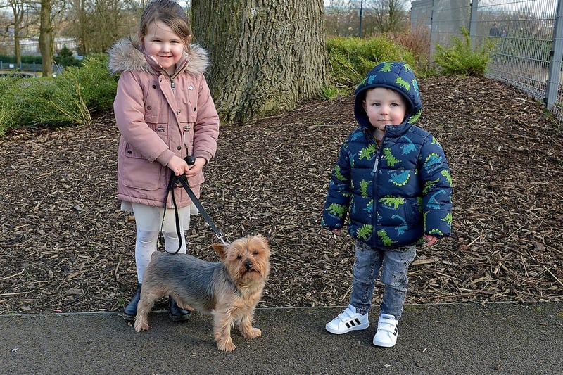 Saorlaith McDaid, age 4, and two-year-old Caoimhin Kinsella walking Alfie in Brooke Park recently.  DER2106GS – 025