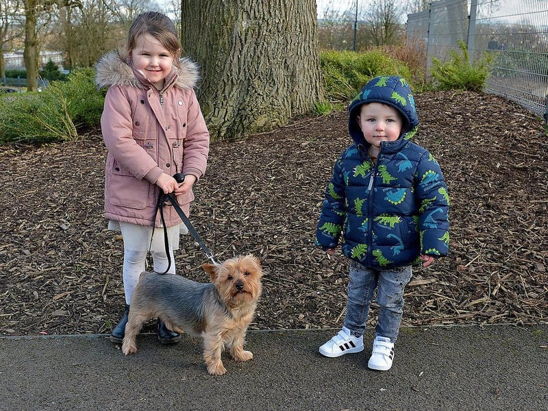 Saorlaith McDaid, age 4, and two-year-old Caoimhin Kinsella walking Alfie in Brooke Park recently. DER2106GS – 025