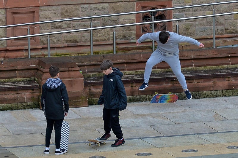 Young lads practice their skateboard skills in Guildhall Square recently. DER2106GS – 016