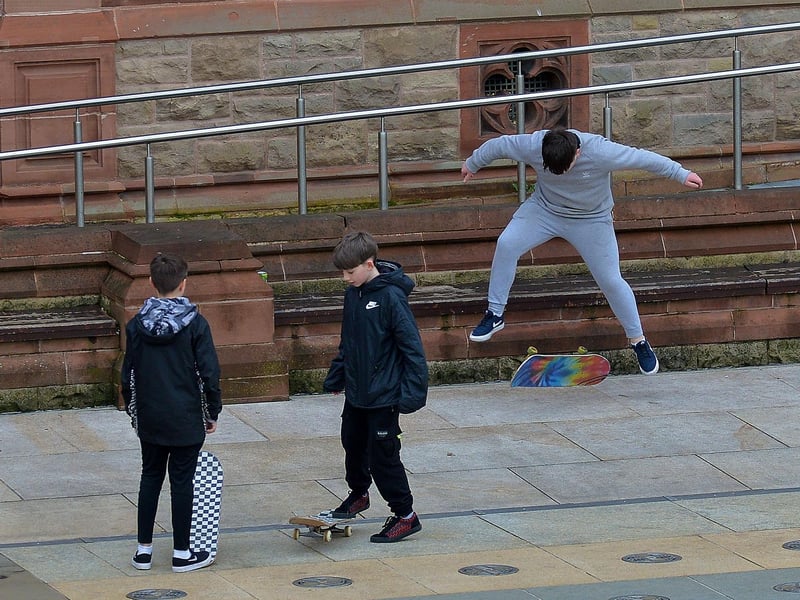 Young lads practice their skateboard skills in Guildhall Square recently. DER2106GS – 016