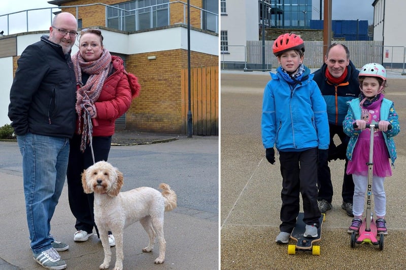 LEFT: David Wilson, Theresa Craig and Button on a recent walk along the Foyle Embankment. DER2105GS -  018 ; RIGHT: Paul, Ben and Anna Farry enjoy some exercise in Ebrington Square recently. DER2106GS – 001
