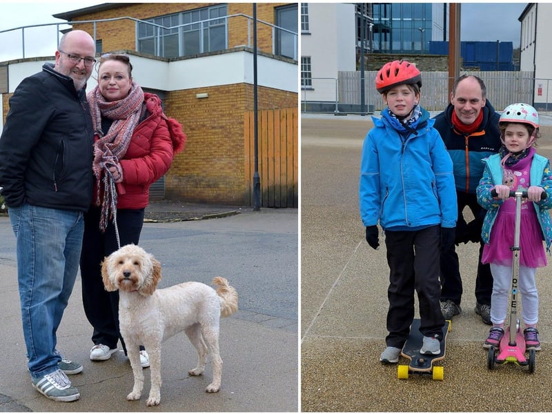 LEFT: David Wilson, Theresa Craig and Button on a recent walk along the Foyle Embankment. DER2105GS - 018 ; RIGHT: Paul, Ben and Anna Farry enjoy some exercise in Ebrington Square recently. DER2106GS – 001