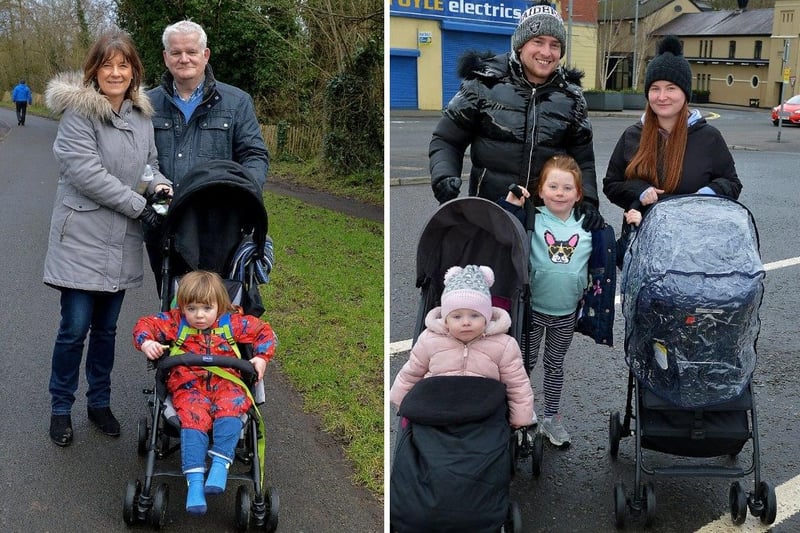 LEFT: Marie and Peter Grant and their grandson Cillian pictured during a recent walk in the Bay Road Park. DER2105GS – 026 ; RIGHT: Declan and Megan Curtis with their children Skylar and Harper enjoy a walk along the Foyle Embankment. DER2105GS – 022
