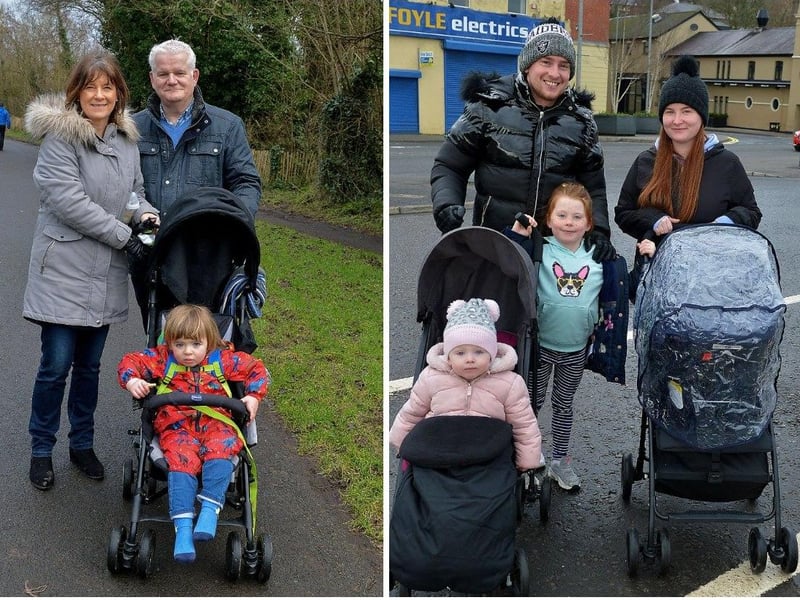 LEFT: Marie and Peter Grant and their grandson Cillian pictured during a recent walk in the Bay Road Park. DER2105GS – 026 ; RIGHT: Declan and Megan Curtis with their children Skylar and Harper enjoy a walk along the Foyle Embankment. DER2105GS – 022