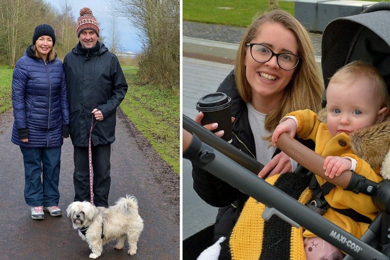 LEFT: Nicola Herron and David Meade enjoy some exercise with Tashi  in the Bay Road Park recently. DER2105GS – 024 ; RIGHT: Sixteen months old Hannah Curran and her mum Laura were in Ebrington Square recently. DER2106GS – 005