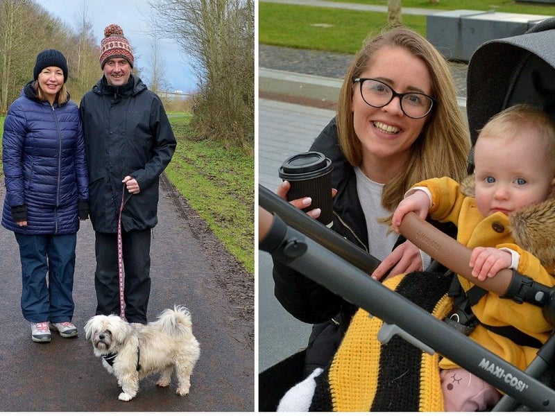 LEFT: Nicola Herron and David Meade enjoy some exercise with Tashi in the Bay Road Park recently. DER2105GS – 024 ; RIGHT: Sixteen months old Hannah Curran and her mum Laura were in Ebrington Square recently. DER2106GS – 005