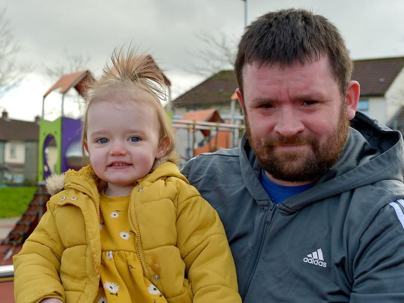 Ellie Gracie Mc Cann, aged 2, pictured with her dad Emmett in Bishop’s Field play park recently. DER2108GS – 006
