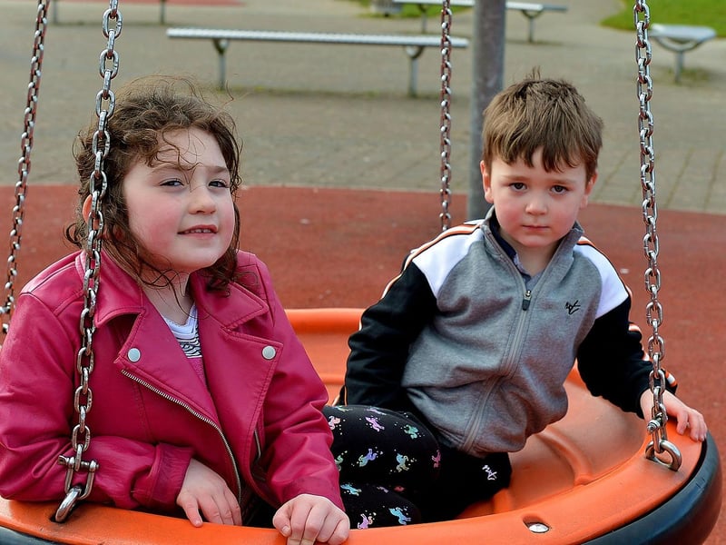 Ida Blee, aged 6, with her brother Donnacha (4) in Bishop’s Field play park recently. DER2108GS – 002