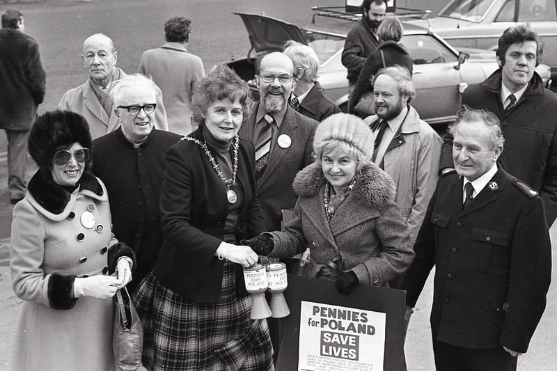 The High Sheriff of Belfast, Alliance councillor Mrs Muriel Pritchard, fulfils her last official function in February 1982 by launching the Pennies for Poland street collection in the city centre, with a donation received by Dr Jadwiga Procha Grimshaw, a representative of the Polish community in Northern Ireland. Picture: News Letter archives
