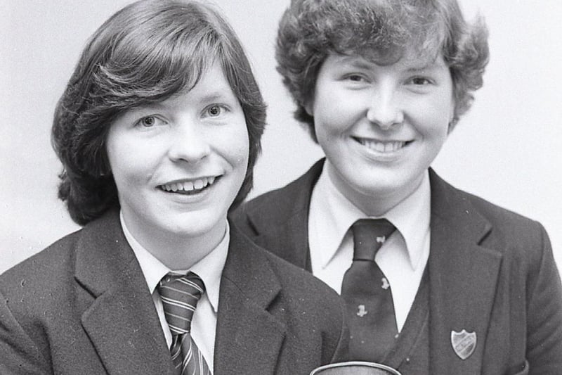 A Downpatrick school swept the board in the Ulster Women's Council Public Speaking competition which was held in February 1982, reported the News Letter. Pupils from Down High School took first, second and third places in the individual section of the competition which was held at the Official Unionist Party headquarters in Glengall Street, Belfast. Pictured are sisters Denise and Helen McBride from Down High School who came first and third in the competition. Picture: News Letter archives