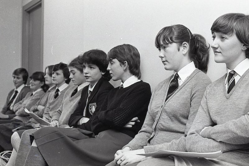 Above left, Joanne Smyth from Down High School who took the runners-up spot in  in the Ulster Women's Council Public Speaking competition which was held in February 1982. Above right, pupils from Knockbreda High School who also took part in the competition. Pictures: News Letter archives