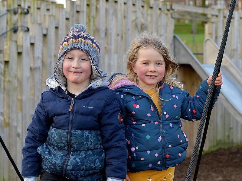 Caolan Coyle, age 7, and his sister Aoife (5) enjoy a recent visit to Brooke Park. Photos: George Sweeney / Derry Journal DER2106GS – 036