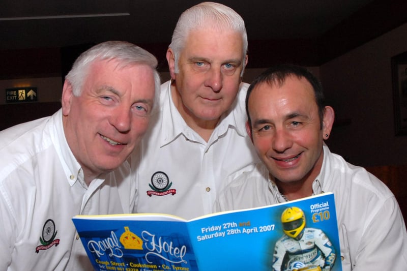 Pictured at the launch of the 2007 Royal Hotel & Braeside Cookstown 100 at the Royal Hotel on Tuesday night of this week was Kenny Loughran Club treasurer, Norman Crooks, race secretary and Jackie McComb, club chairman.mm1607-172ar.