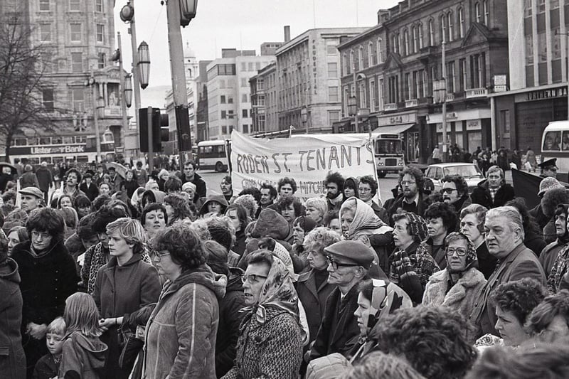Housing Executive tenants, angry at the proposed 22 per cent increase in rent, gathered outside Belfast City Hall in February 1982 to protest at the increase. It had been hoped to hold a “Big Sleep” protect at Belfast City Hall but bad weather put the plans on hold. Picture: News Letter archives