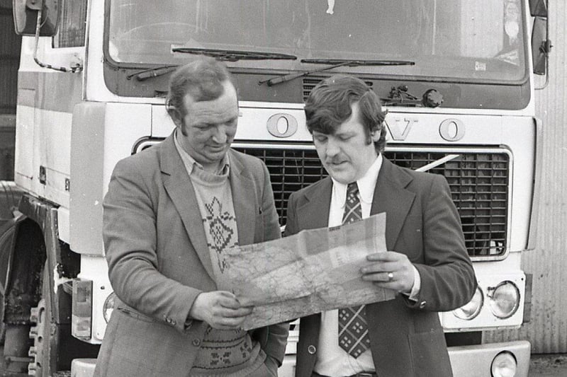 Careful planning saves time and money – Alan Cowan, the manager of Beattie Transport at The Maze, selects the best route with driver Wilfie Flannigan in February 1982. Speaking to the News Letter about a new EEC directive which reduced the length of time that lorry drivers could spend driving in a day he said: “I do agree with stopping people from driving for 16 or 18 hours days but if a professional cannot drive for 10 hours then he shouldn't be in the job. Of course he may have  32 tons  behind him but anyone can drive a car for any number of hours without the benefit of nearly as much experience.” Picture: News Letter archives