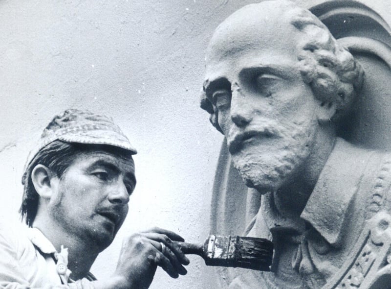 This noble looking sculptured head of Shakespeare in Donegall Square South, Belfast, seen being given a new look by painter Mr Milton Barker, recalls one of the Bard's lines, spoken by Kent in King Lear: "You have that in your coutenance which I would fain call 'master'".