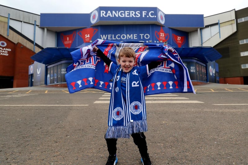 Rangers fan Arlo Low, aged 5, outside of the Ibrox Stadium