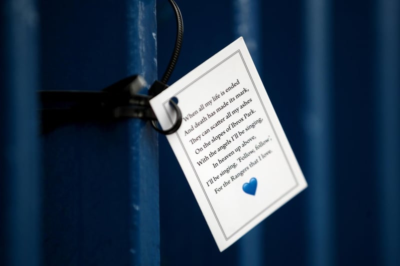 A poem attached to the gates outside of the Ibrox Stadium