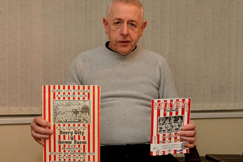 Brian Dunleavy pictured with Derry City's first ever programme against Home Farm and the last of his collection against Bohs in 2020.