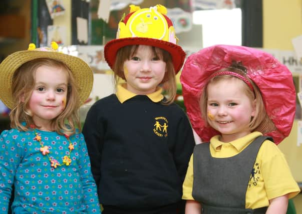 All shapes and sizes of Easter bonnets on show at Whitehead Nursery in May 2010, Pictured are: Olivia Redpath, Paige Watson and Skye Campbell-Moorhead. ct13-090tc