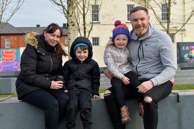 Rachel and Stuart McKeever with their children Jamie and Freya in Ebrington Square recently. DER2109GS – 016